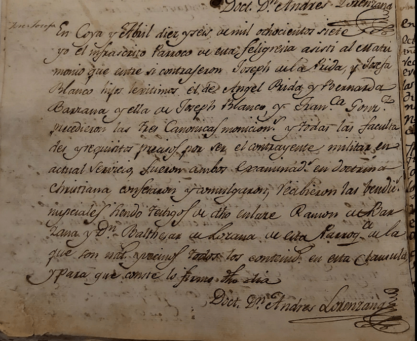 Partida de matrimonio de Joseph de La Prida de La Barzana con Josefa Blanco González.