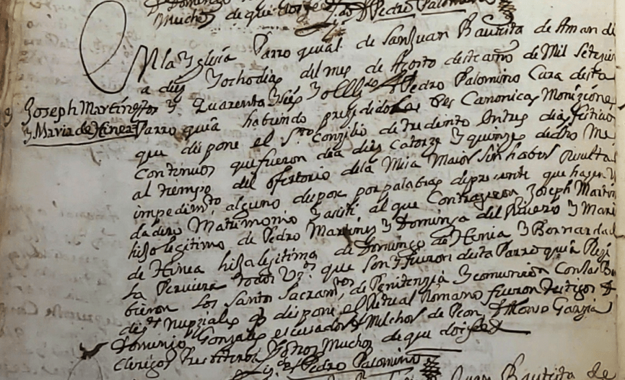 Partida de matrimonio de María Manuela de Hinea de La Peruyera con Joseph Martínez del Rivero.