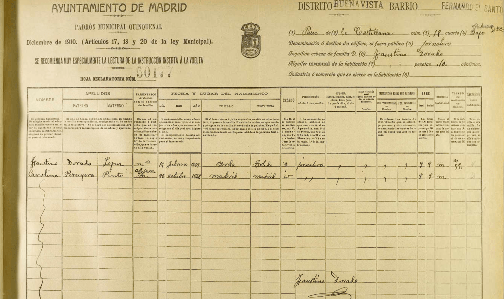 Padrón de Madrid del año 1910.