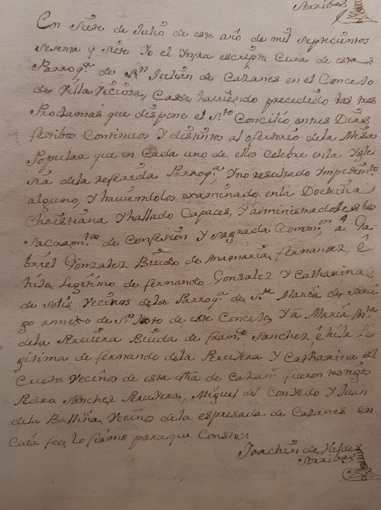 Partida de matrimonio de María Antonia de La Peruyera del Cueto con Gabriel González de Solis.