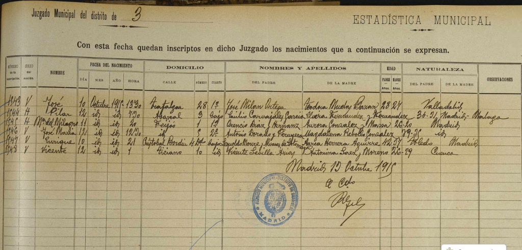 Acta de nacimiento de José María Dorado Rebollo.