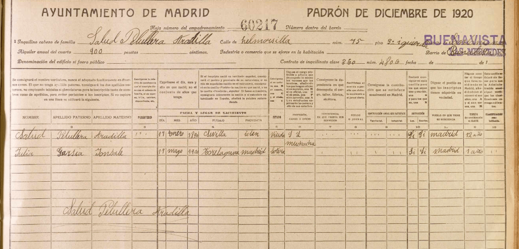 Padrón de Madrid del año 1920.
