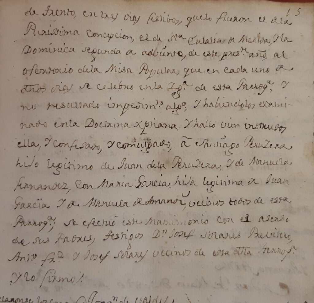 Partida de matrimonio de María Manuela García Amandi co Santiago Peruyera Fernández (parte dos).