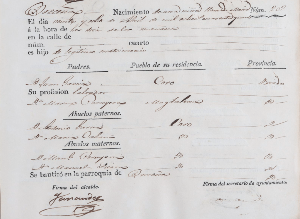 Acta de nacimiento de María García Peruyera.