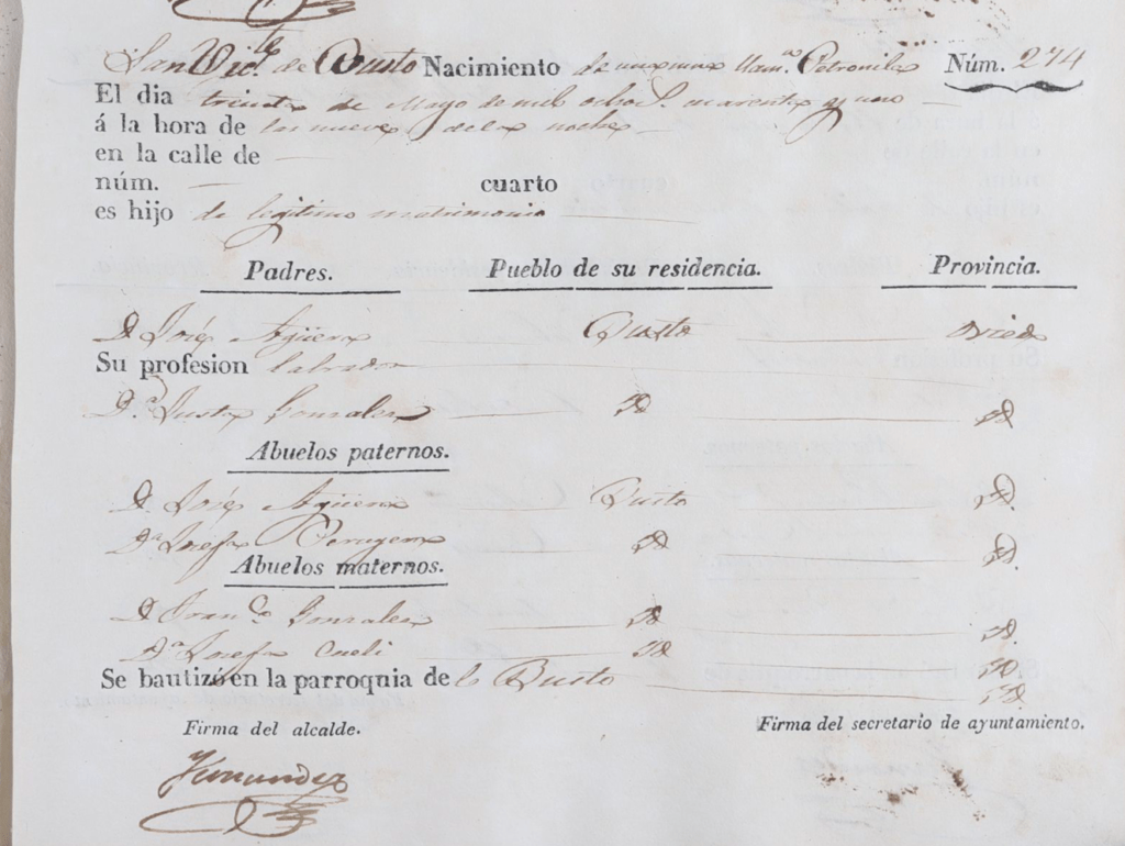 Acta de nacimiento de Petronila Aguera González.