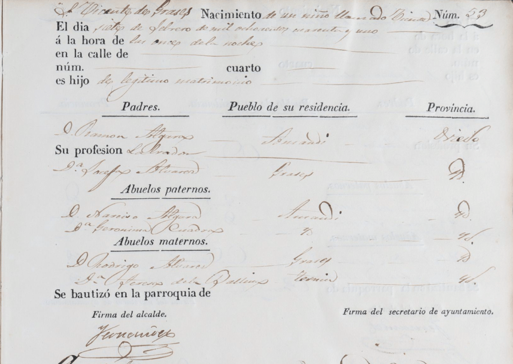 Acta de nacimiento de Vicente Algara Álvarez.