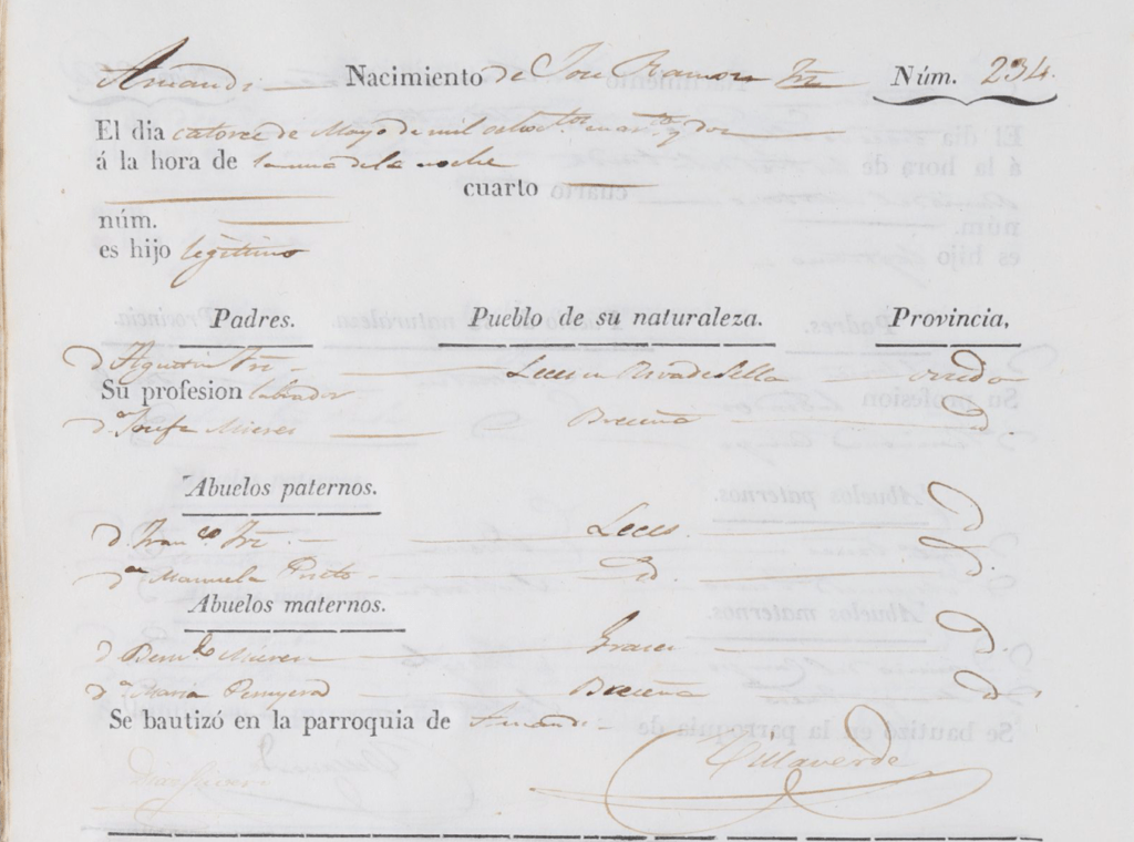 Acta de nacimiento de José Ramón Fernández Mieres.