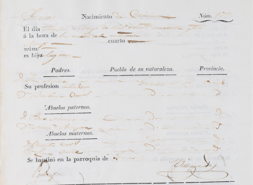 Acta de nacimiento de Casimira Mieres Costales.