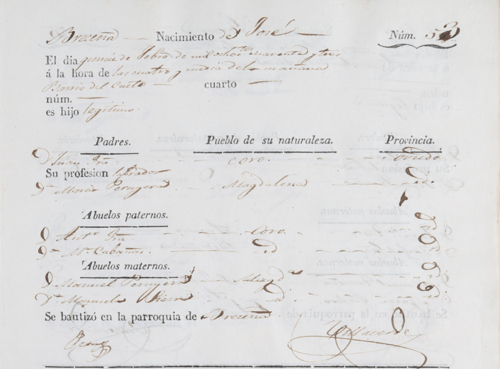 Acta de nacimiento de José García Peruyera. 