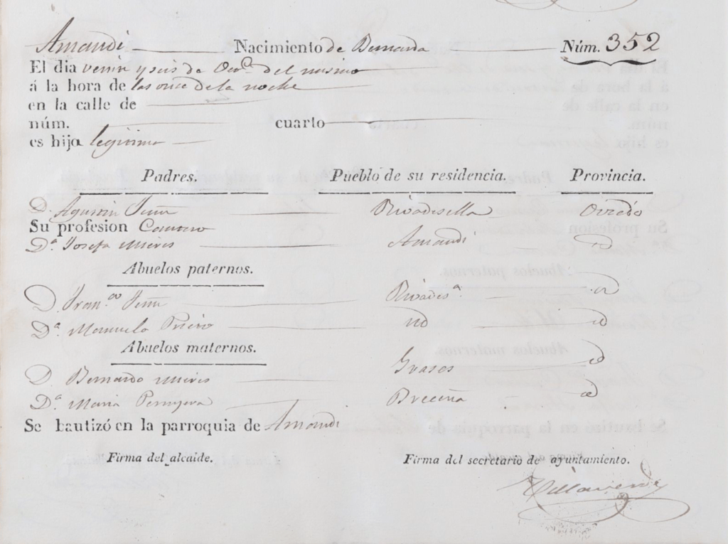Acta de nacimiento de Bernarda Fernández Mieres.