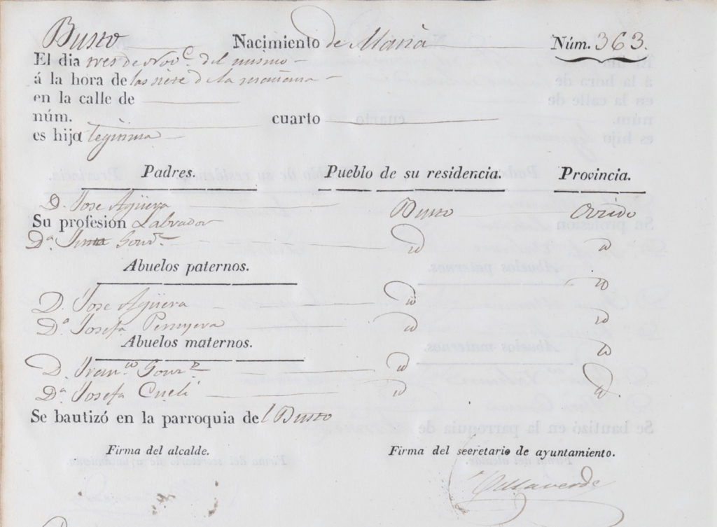 Acta de nacimiento de María Aguera González.