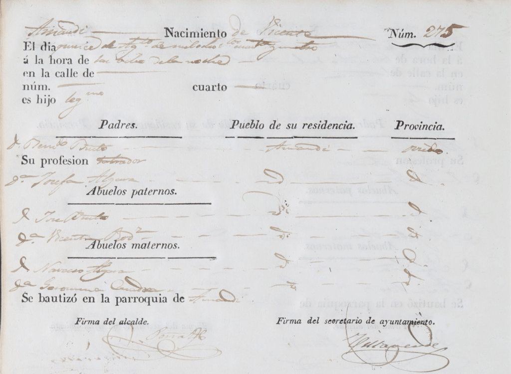 Acta de nacimiento de Vicente Busto Algara.