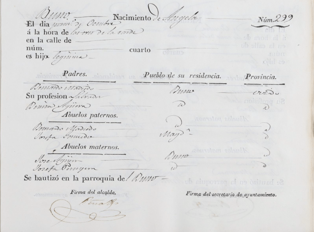 Acta de nacimiento de Ángela Madiedo Aguera.