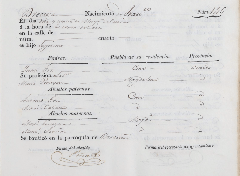 Acta de nacimiento de Francisco García Peruyera.  