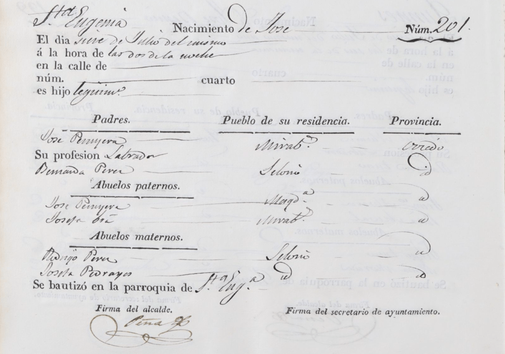 Acta de nacimiento de José Peruyera Pérez.