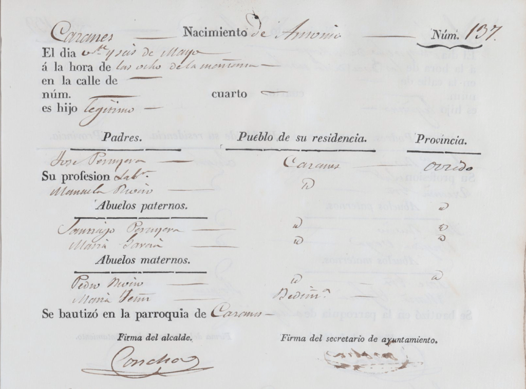 Acta de nacimiento de Antonio Peruyera Rivero.