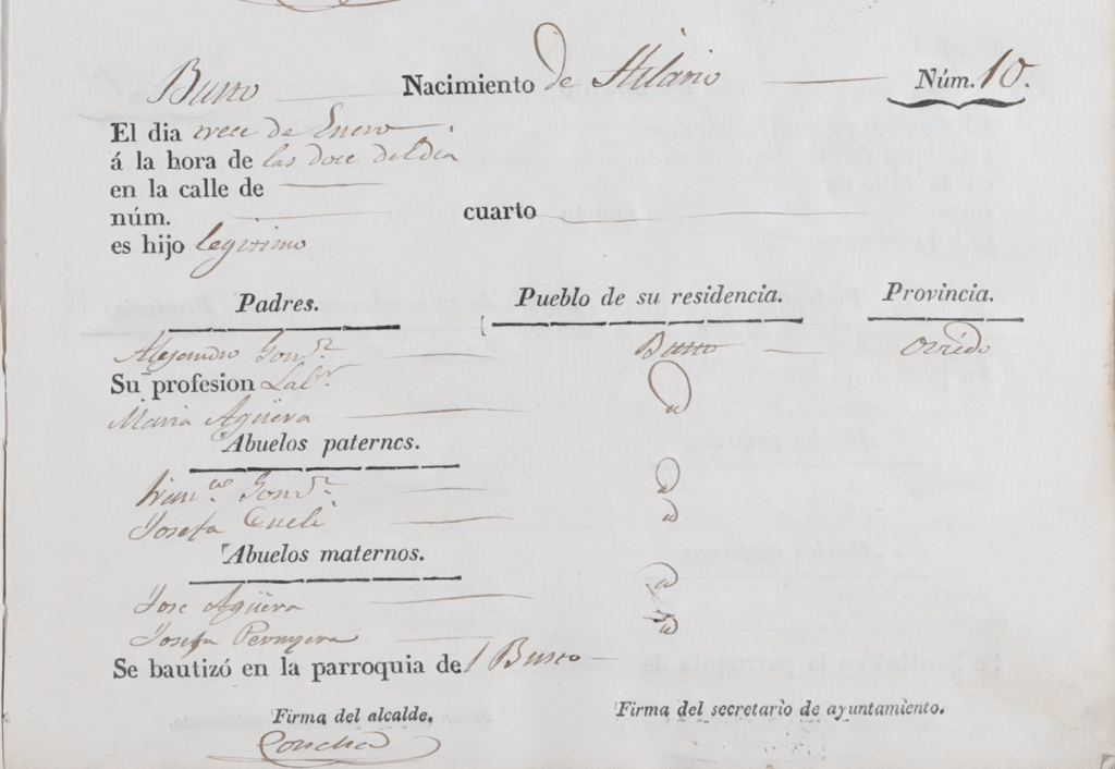 Acta de nacimiento de Hilario González Aguera.