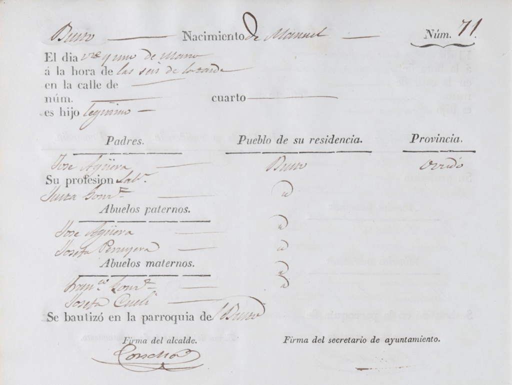 Acta de nacimiento de Manuel Aguera González.