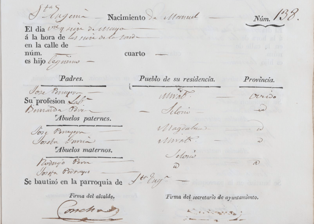 Acta de nacimiento de Manuel Peruyera Pérez.