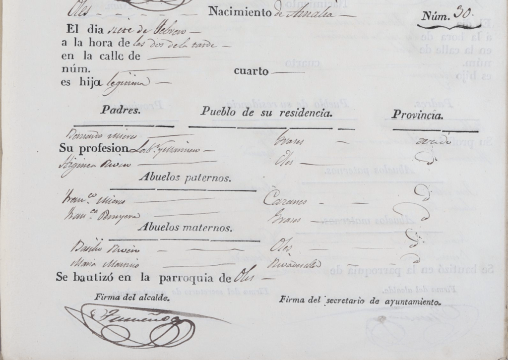 Acta de nacimiento de Amalia Mieres Rivero. 