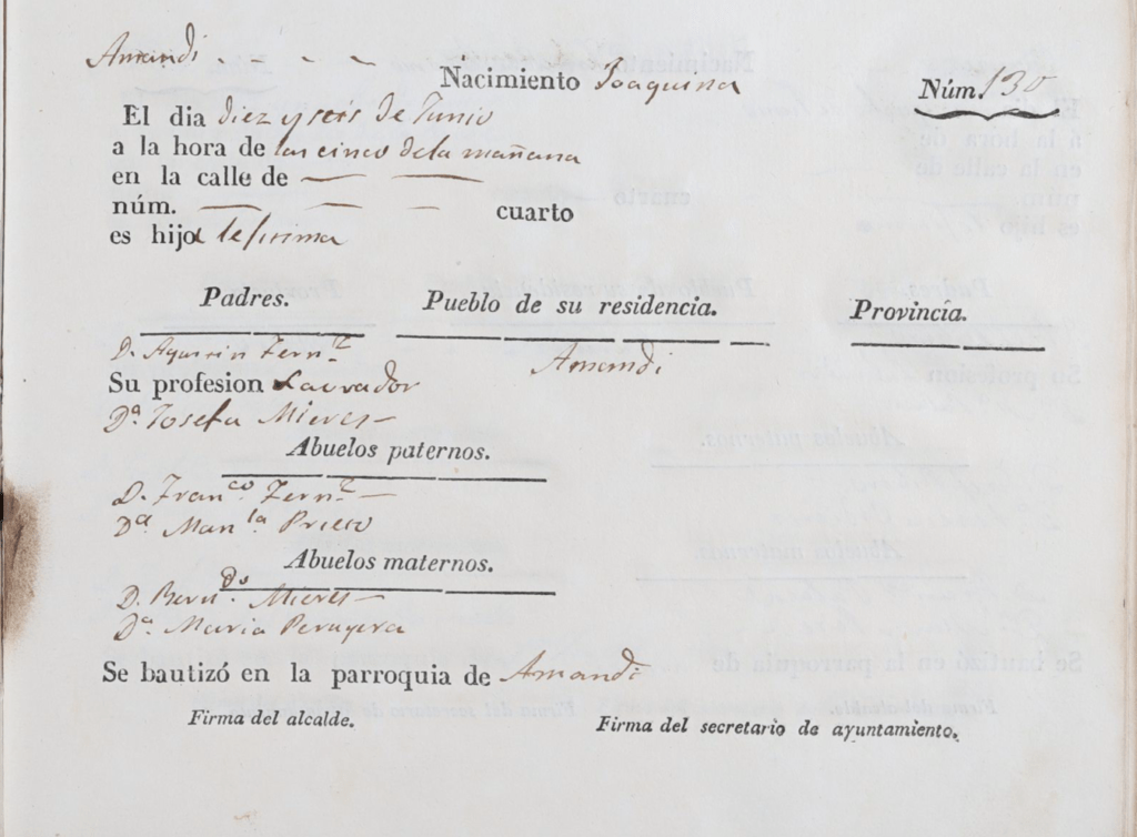 Acta de nacimiento de Joaquina Fernández Mieres.