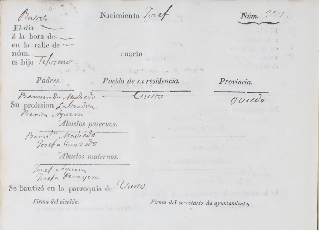 Acta de nacimiento de José Madiedo Aguera.