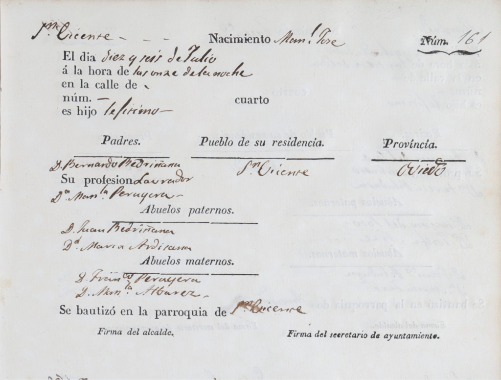 Acta de nacimiento de Manuel José Bedriñana Peruyera. 