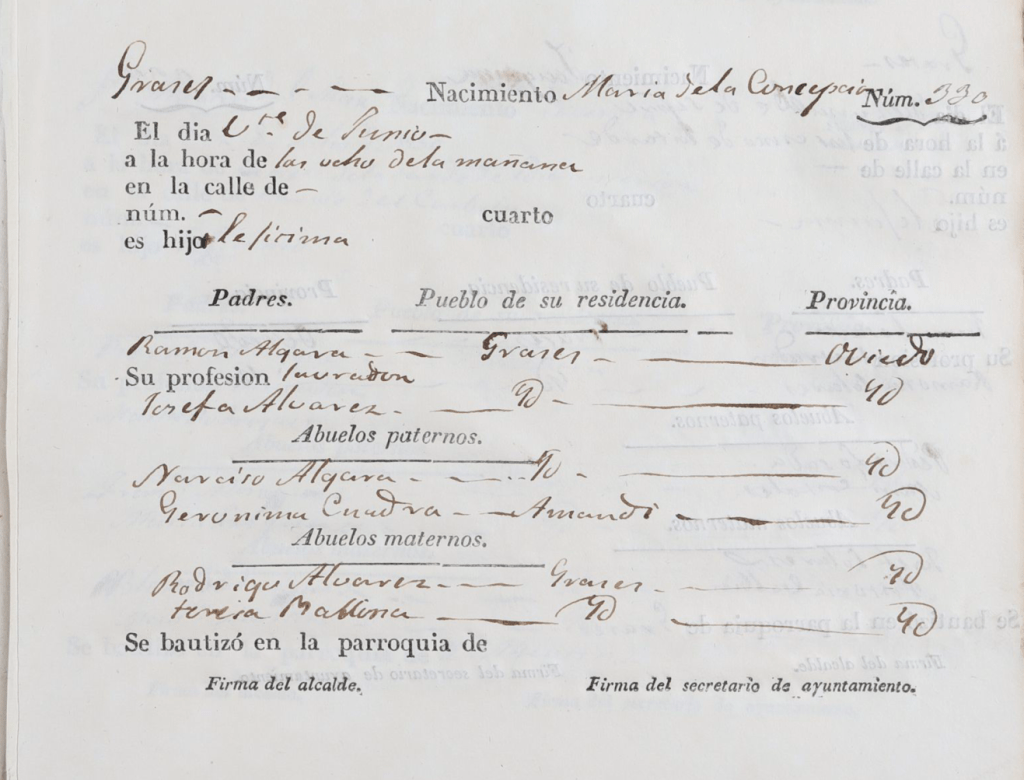 Acta de nacimiento de María de la Concepción Algara Álvarez.