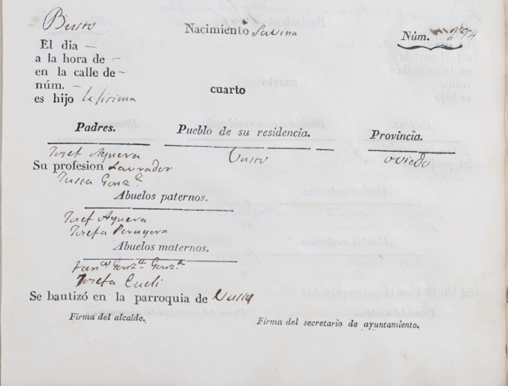 Acta de nacimiento de Savina Aguera González.