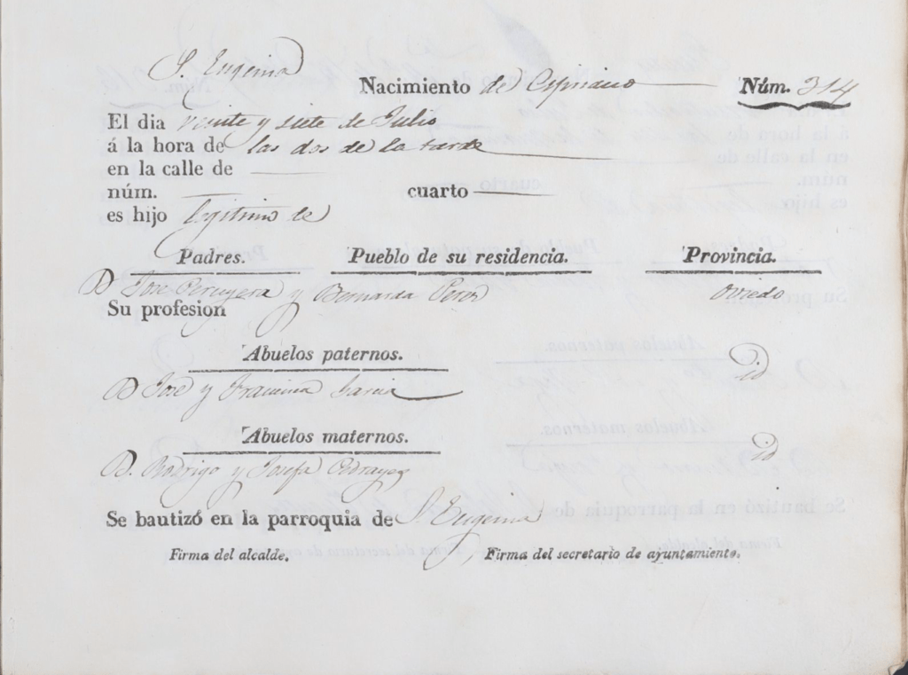 Acta de nacimiento de Cipriano Peruyera Pérez.