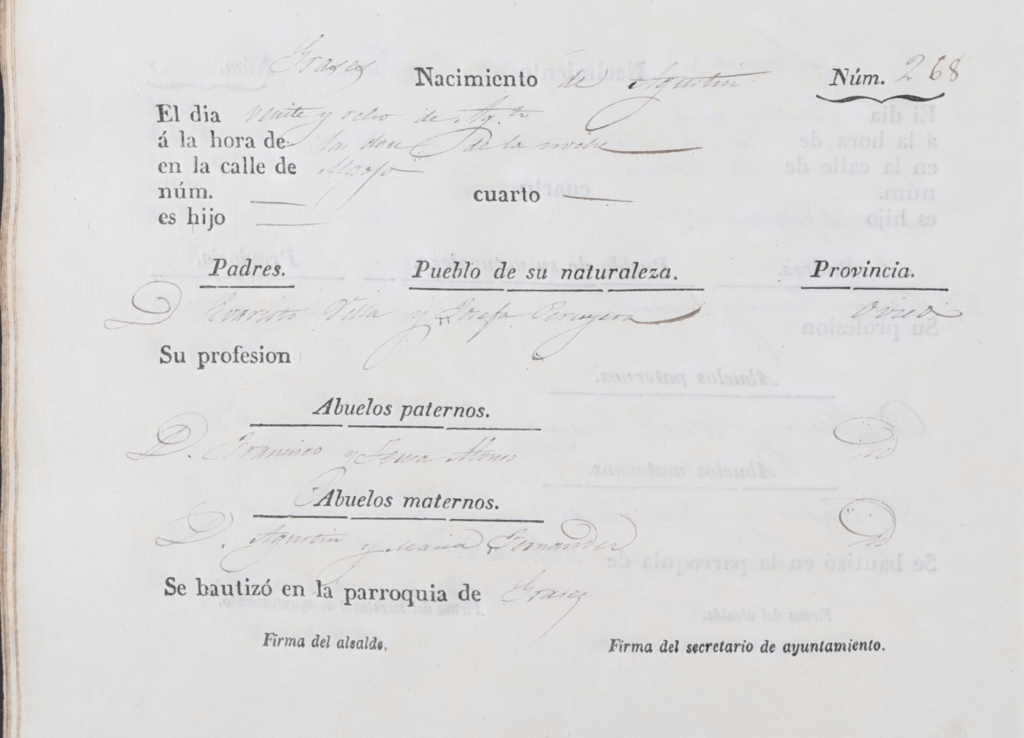 Acta de nacimiento de Agustín La Villa Peruyera.