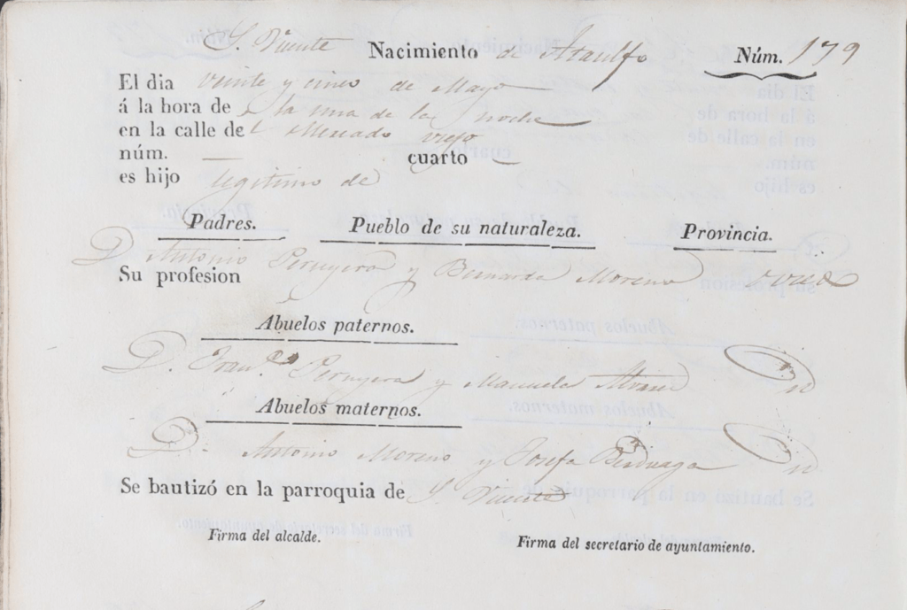 Acta de nacimiento de Ataulfo Peruyera Moreno. 