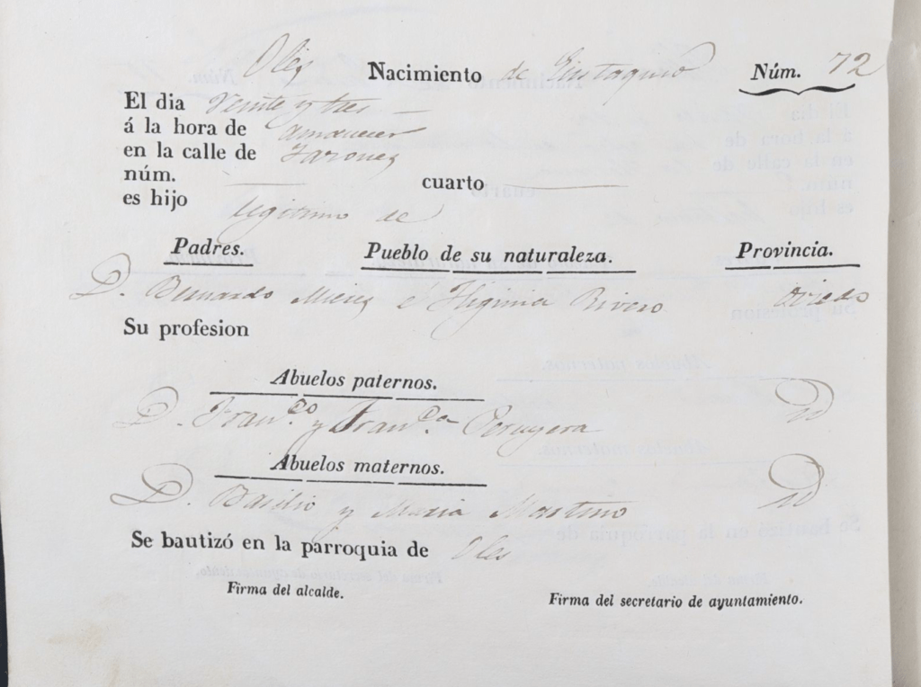 Acta de nacimiento de Eustaquio Mieres Rivero.  