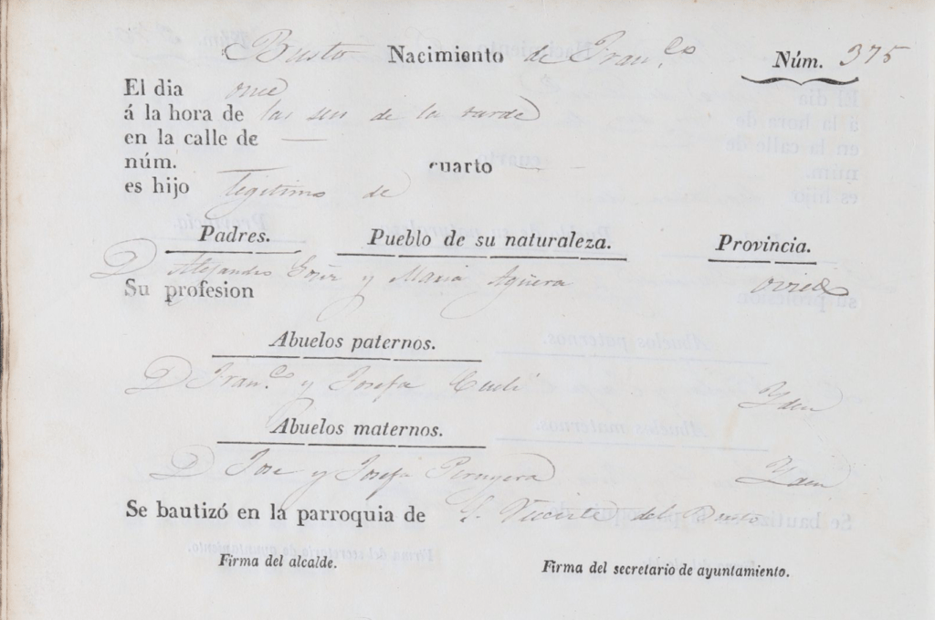 Acta de nacimiento de Francisco González Aguera.