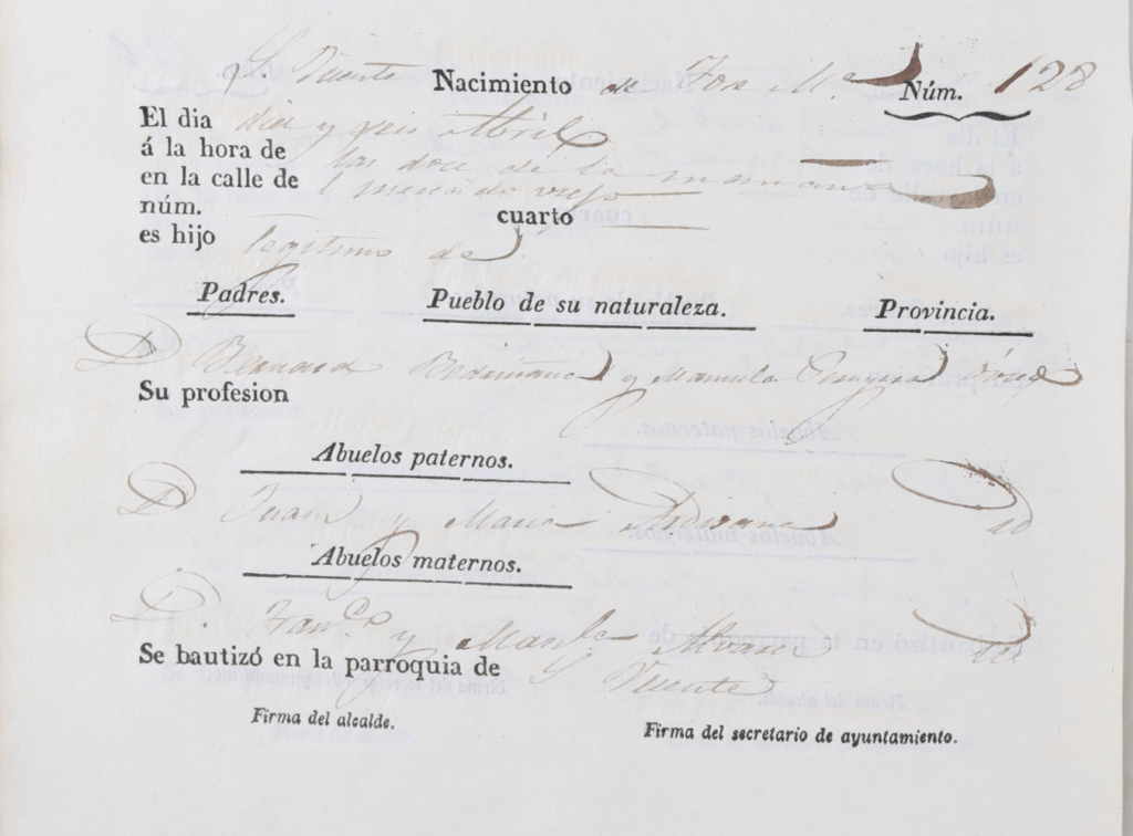 Acta de nacimiento de José María Bedriñana Peruyera. 