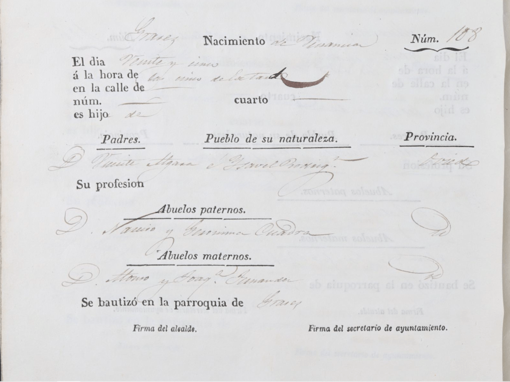 Acta de nacimiento de Venancia Algara Rodríguez.