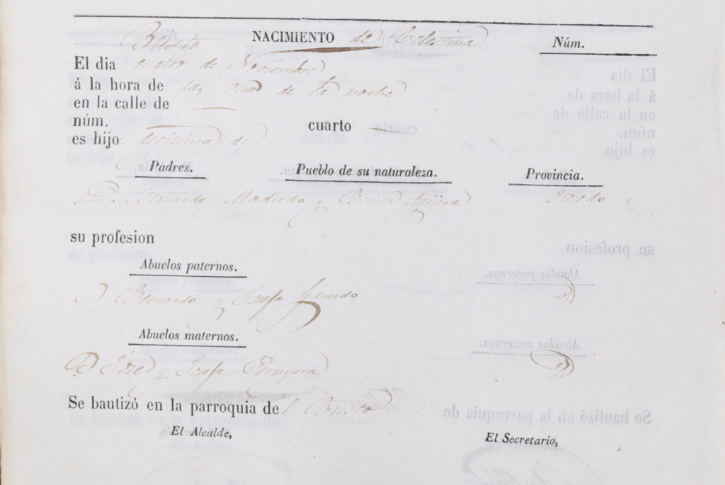 Acta de nacimiento de Celestina Madiedo Aguera.