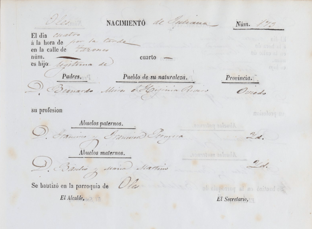 Acta de nacimiento de Juliana Mieres Rivero.