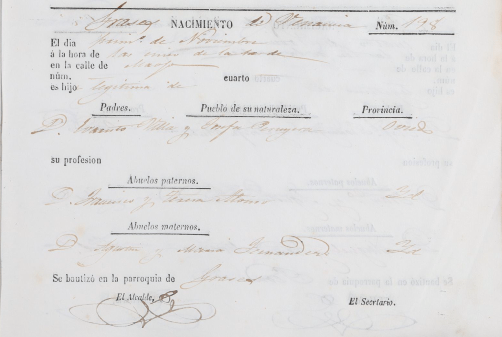 Acta de nacimiento de Venancia La Villa Peruyera.