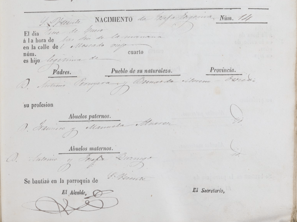 Acta de nacimiento de Josefa Eugenia Peruyera Moreno.