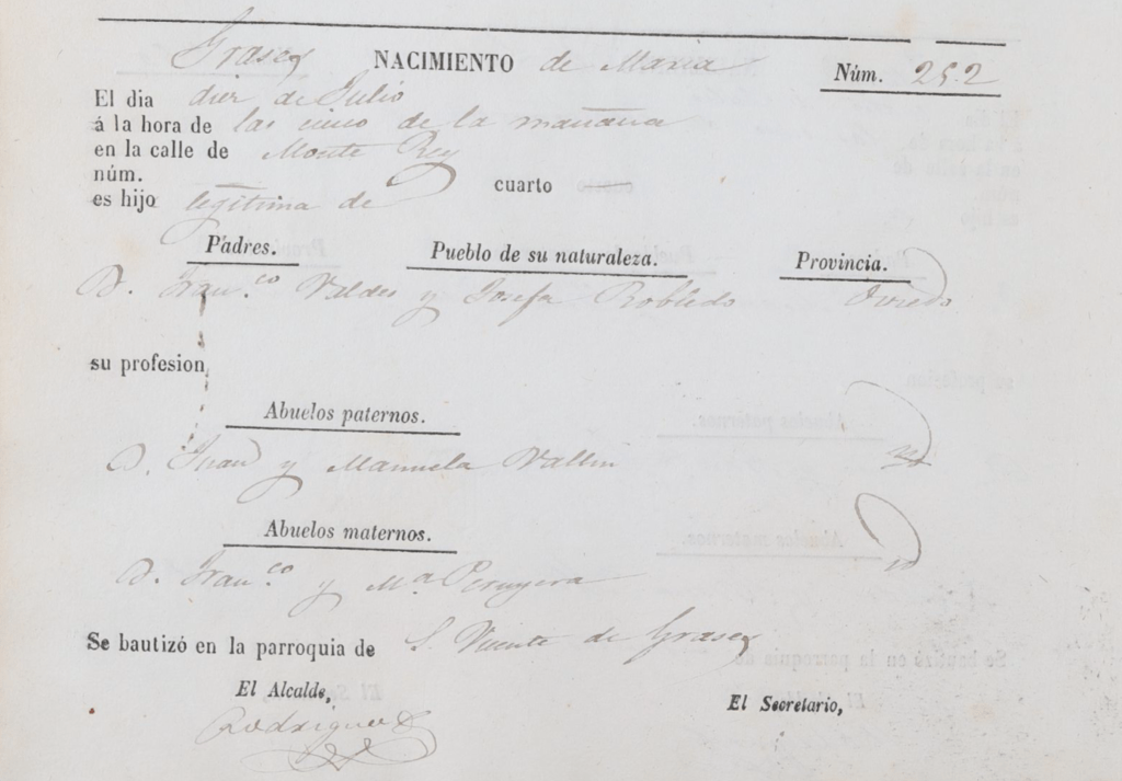 Acta de nacimiento de María Valdés Robledo.