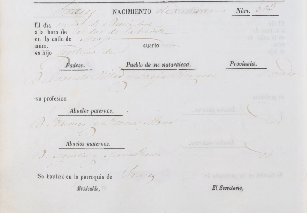 Acta de nacimiento de Mariano La Villa Peruyera.