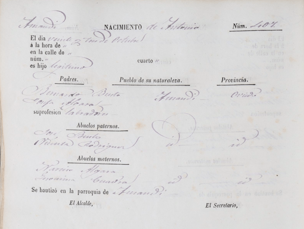 Acta de nacimiento de Antonio Busto Algara.