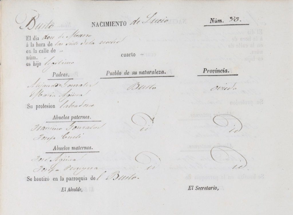 Acta de nacimiento de Lucio González Aguera.