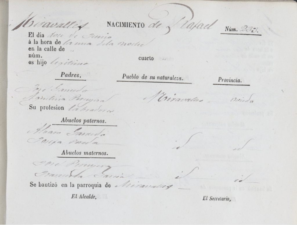 Acta de nacimiento de Rafael Gancedo Peruyera.