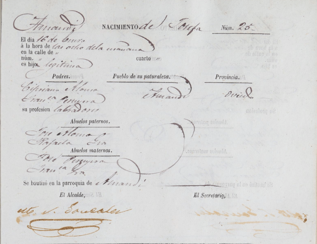 Acta de nacimiento de Josefa Alonso Peruyera.