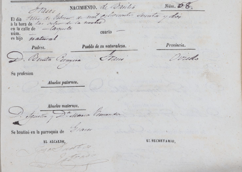 Acta de nacimiento de Basilio Peruyera Fernández.