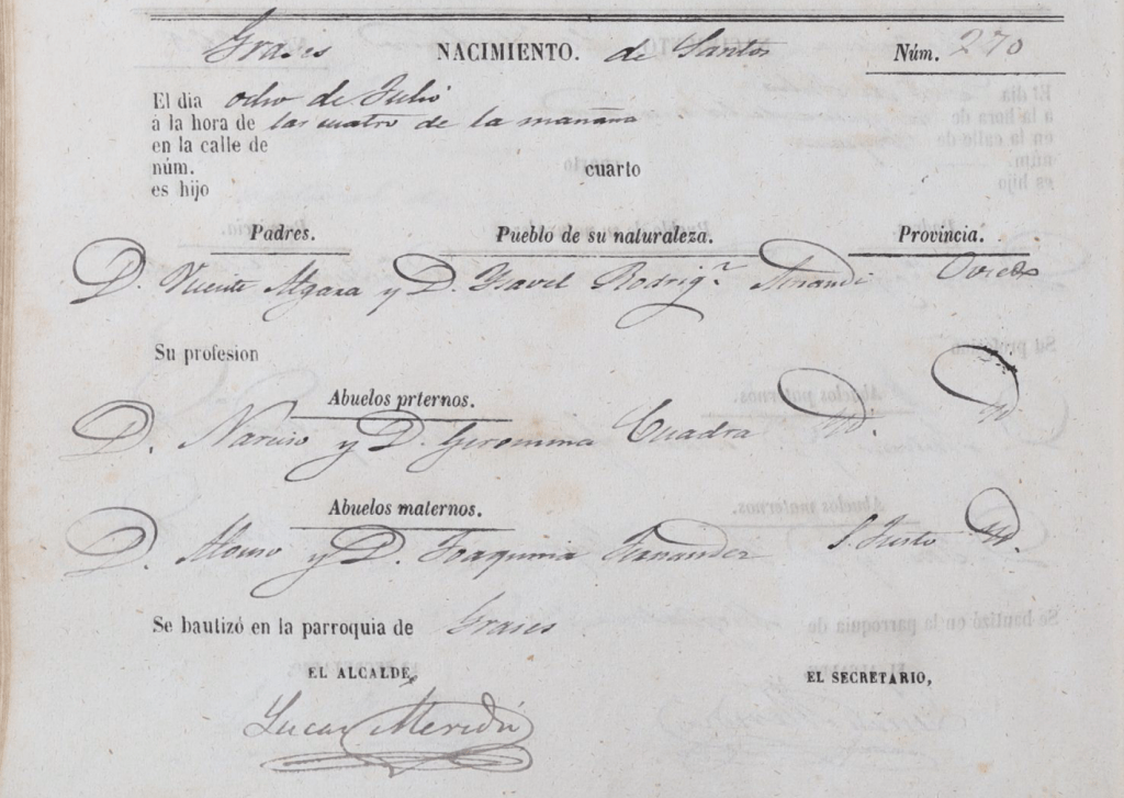 Acta de nacimiento de Santos Algara Rodríguez.