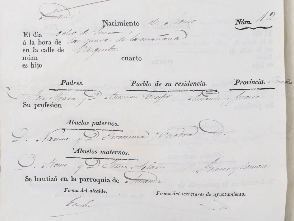 Acta de nacimiento de Alonso Algara Crespo.