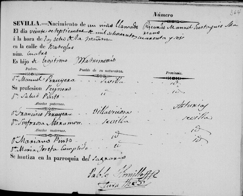Acta de nacimiento de Ricardo Manuel Eustaquio Mariano Peruyera Pinto.